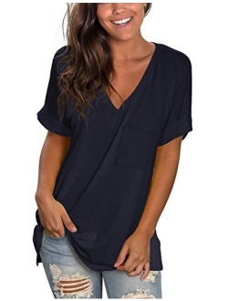 NSQTBA Womens Basic V Neck T Shirts Rolled Short Sleeve Summer Casual Tops with Pocket S-2XL