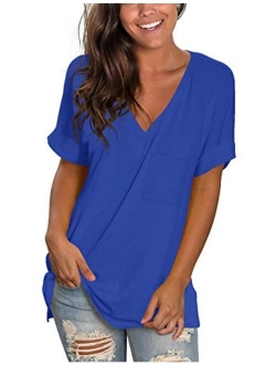 NSQTBA Womens Basic V Neck T Shirts Rolled Short Sleeve Summer Casual Tops with Pocket S-2XL