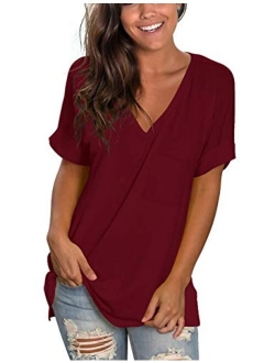 NSQTBA Womens Basic V Neck T Shirts Rolled Short Sleeve Summer Casual Tops with Pocket S-2XL