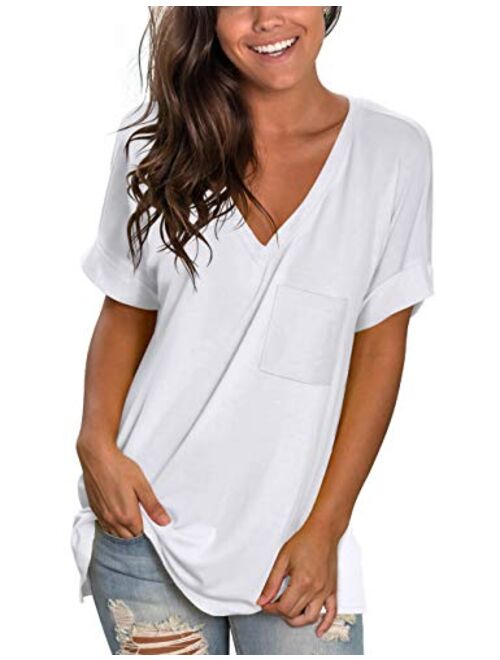 NSQTBA Womens Basic V Neck T Shirts Rolled Short Sleeve Summer Casual Tops with Pocket S-2XL