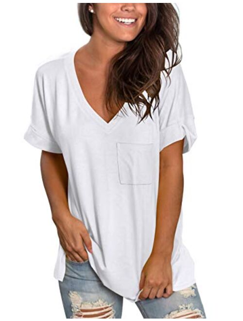 NSQTBA Womens Basic V Neck T Shirts Rolled Short Sleeve Summer Casual Tops with Pocket S-2XL