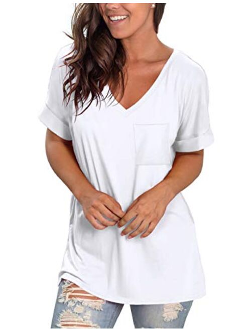 NSQTBA Womens Basic V Neck T Shirts Rolled Short Sleeve Summer Casual Tops with Pocket S-2XL