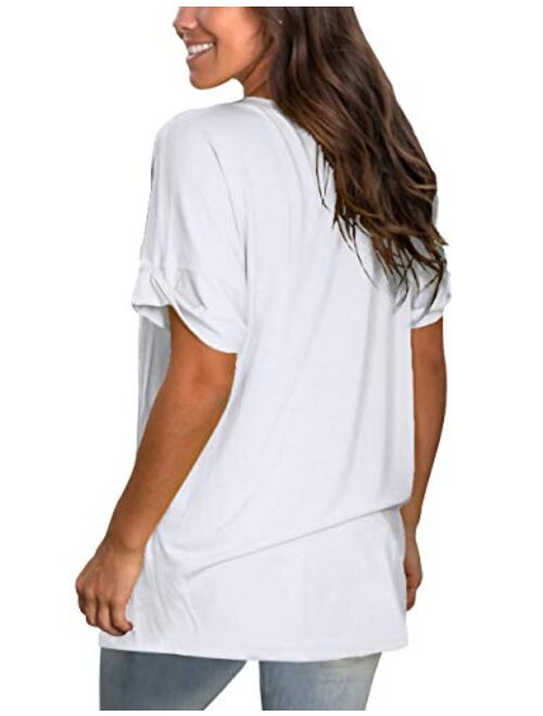 NSQTBA Womens Basic V Neck T Shirts Rolled Short Sleeve Summer Casual Tops with Pocket S-2XL