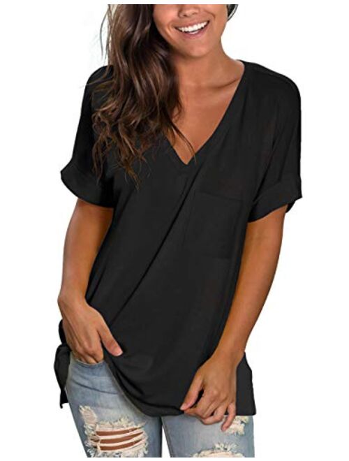 NSQTBA Womens Basic V Neck T Shirts Rolled Short Sleeve Summer Casual Tops with Pocket S-2XL