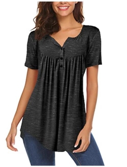 Women's Casual Long Sleeve Henley V-Neck Loose Fit Pleated Tunic Shirt Blouse Tops