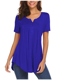 Women's Casual Long Sleeve Henley V-Neck Loose Fit Pleated Tunic Shirt Blouse Tops