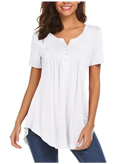 Women's Casual Long Sleeve Henley V-Neck Loose Fit Pleated Tunic Shirt Blouse Tops