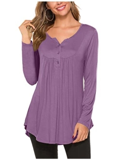 Women's Casual Long Sleeve Henley V-Neck Loose Fit Pleated Tunic Shirt Blouse Tops