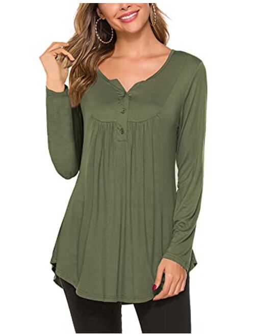 Women's Casual Long Sleeve Henley V-Neck Loose Fit Pleated Tunic Shirt Blouse Tops