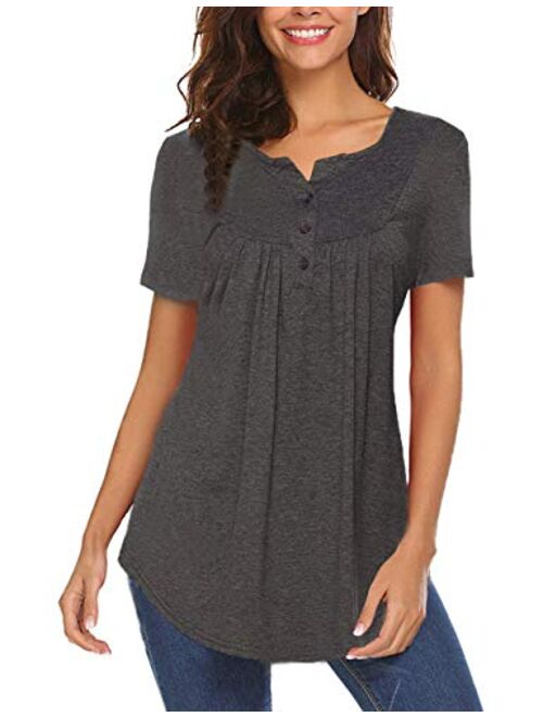 Women's Casual Long Sleeve Henley V-Neck Loose Fit Pleated Tunic Shirt Blouse Tops