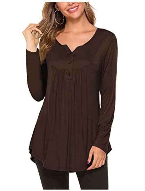 Women's Casual Long Sleeve Henley V-Neck Loose Fit Pleated Tunic Shirt Blouse Tops