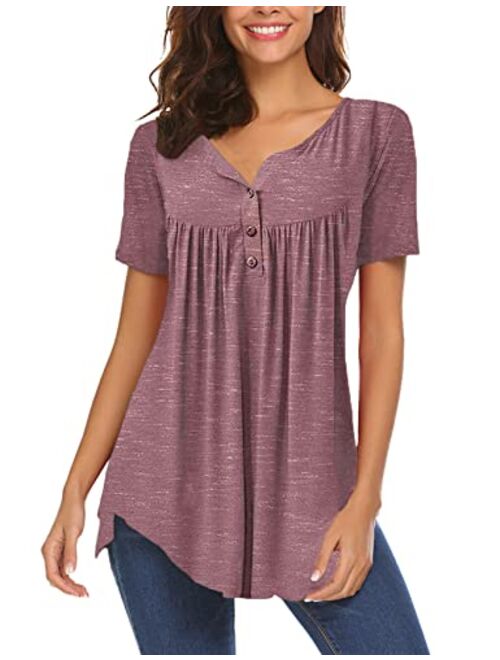 Women's Casual Long Sleeve Henley V-Neck Loose Fit Pleated Tunic Shirt Blouse Tops