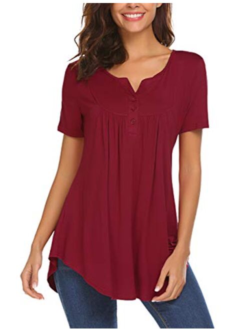 Women's Casual Long Sleeve Henley V-Neck Loose Fit Pleated Tunic Shirt Blouse Tops