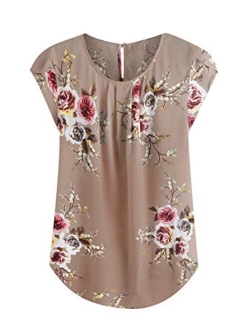 Women's Elegant Floral Print Petal Cap Sleeve Pleated Vacation Office Work Blouse Top