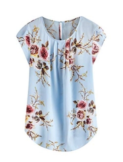 Women's Elegant Floral Print Petal Cap Sleeve Pleated Vacation Office Work Blouse Top