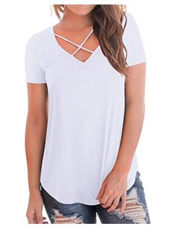 NIASHOT Women's Casual Short Sleeve Solid Criss Cross Front V-Neck T-Shirt Tops