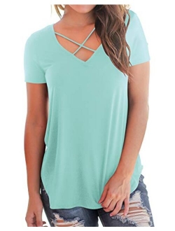 NIASHOT Women's Casual Short Sleeve Solid Criss Cross Front V-Neck T-Shirt Tops