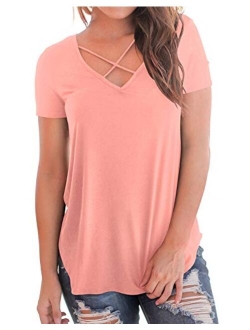 NIASHOT Women's Casual Short Sleeve Solid Criss Cross Front V-Neck T-Shirt Tops