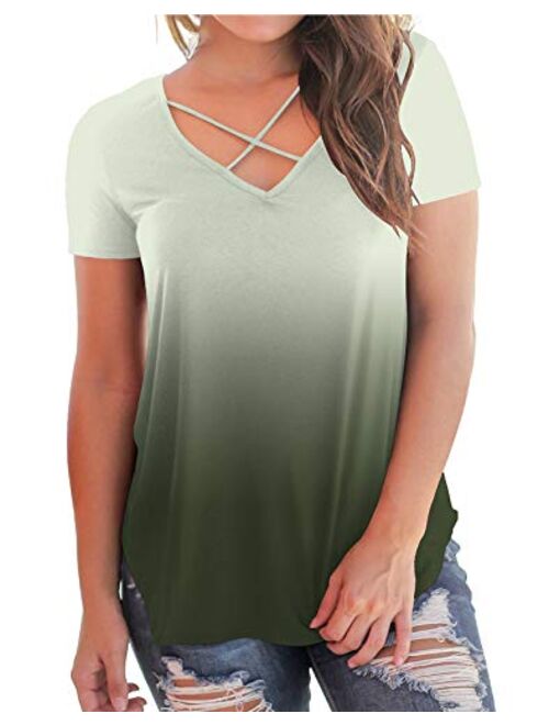 NIASHOT Women's Casual Short Sleeve Solid Criss Cross Front V-Neck T-Shirt Tops