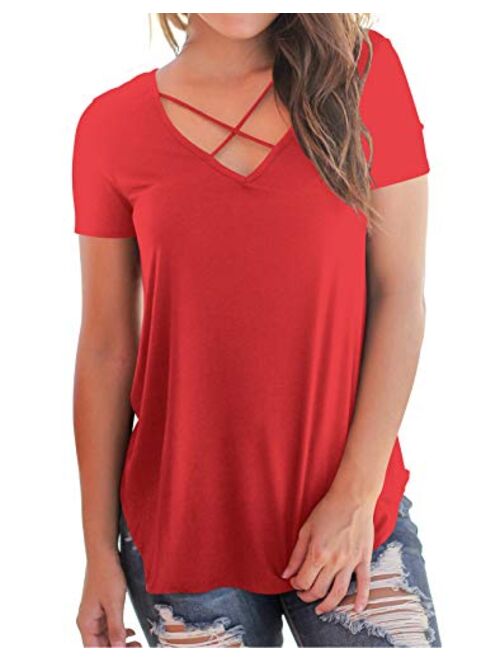 NIASHOT Women's Casual Short Sleeve Solid Criss Cross Front V-Neck T-Shirt Tops