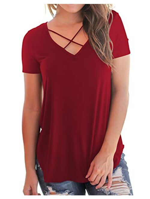 NIASHOT Women's Casual Short Sleeve Solid Criss Cross Front V-Neck T-Shirt Tops