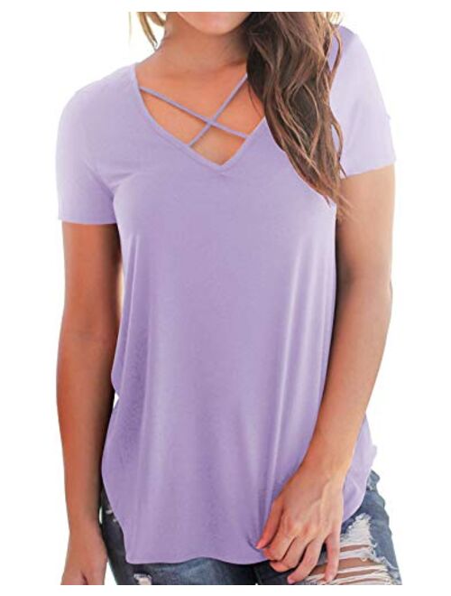 NIASHOT Women's Casual Short Sleeve Solid Criss Cross Front V-Neck T-Shirt Tops