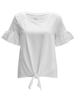 Women's Loose Ruffle Hem Short Sleeve Tie Front Knot Casual Loose Fit Tee T-Shirt