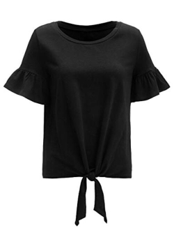 Women's Loose Ruffle Hem Short Sleeve Tie Front Knot Casual Loose Fit Tee T-Shirt