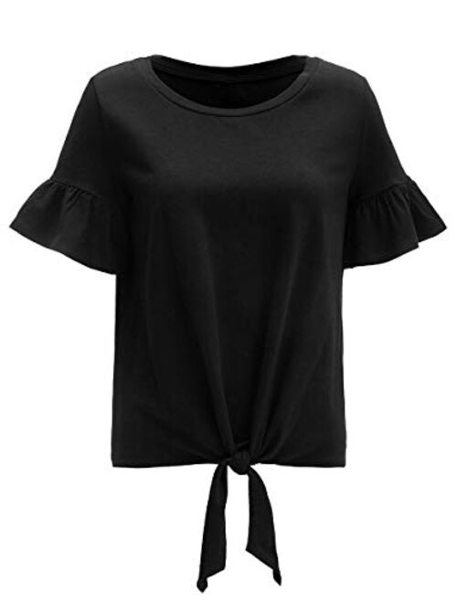 Romwe Women's Loose Ruffle Hem Short Sleeve Tie Front Knot Casual Loose Fit Tee T-Shirt