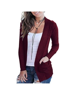 VOIANLIMO Women's Open Front Casual Long Sleeve Knit Classic Sweaters Cardigan with Pockets