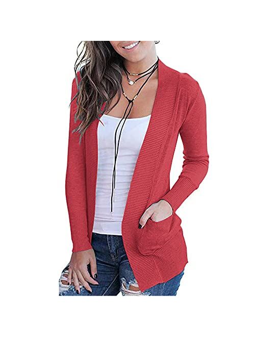 VOIANLIMO Women's Open Front Casual Long Sleeve Knit Classic Sweaters Cardigan with Pockets