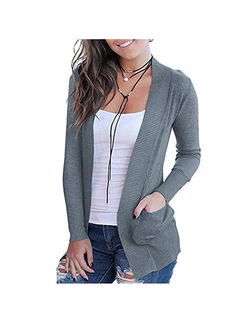 VOIANLIMO Women's Open Front Casual Long Sleeve Knit Classic Sweaters Cardigan with Pockets