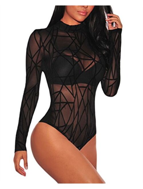 JomeDesign Women Black Sheer Mesh Long Sleeve Jumpsuit Bodysuits