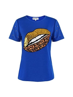 PESION Womens Short Sleeve T-Shirt Sequined Tops O-Neck Funny Graphic Tees Blouse