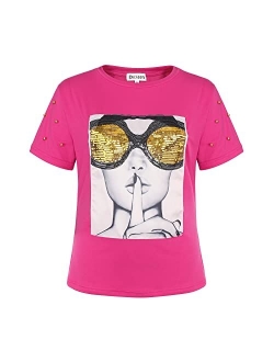 PESION Womens Short Sleeve T-Shirt Sequined Tops O-Neck Funny Graphic Tees Blouse