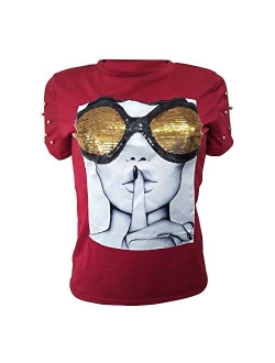 PESION Womens Short Sleeve T-Shirt Sequined Tops O-Neck Funny Graphic Tees Blouse