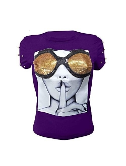 PESION Womens Short Sleeve T-Shirt Sequined Tops O-Neck Funny Graphic Tees Blouse