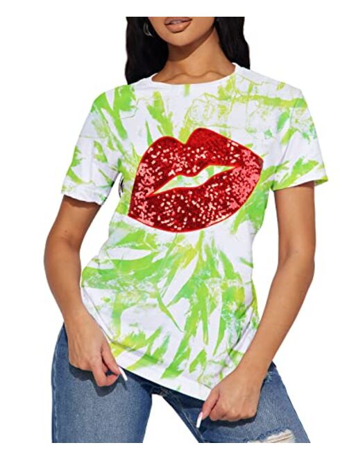 PESION Womens Short Sleeve T-Shirt Sequined Tops O-Neck Funny Graphic Tees Blouse