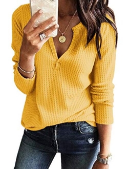 Womens V Neck Shirts Long Sleeve Waffle Knit Loose Fitting Warm Tee Tops Pullover Sweaters