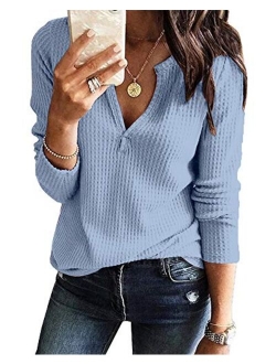 Womens V Neck Shirts Long Sleeve Waffle Knit Loose Fitting Warm Tee Tops Pullover Sweaters