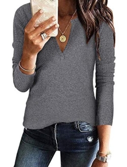 Womens V Neck Shirts Long Sleeve Waffle Knit Loose Fitting Warm Tee Tops Pullover Sweaters