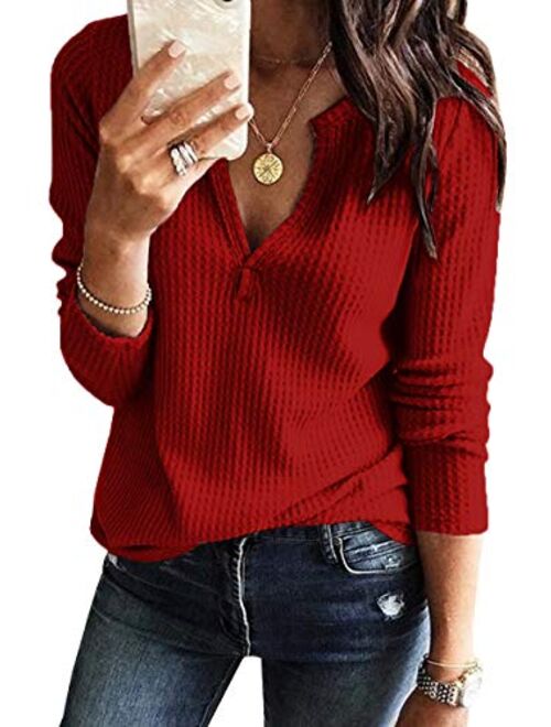 Womens V Neck Shirts Long Sleeve Waffle Knit Loose Fitting Warm Tee Tops Pullover Sweaters