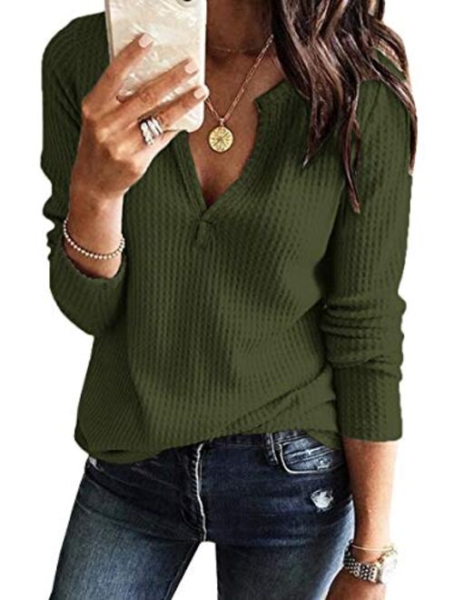 Womens V Neck Shirts Long Sleeve Waffle Knit Loose Fitting Warm Tee Tops Pullover Sweaters