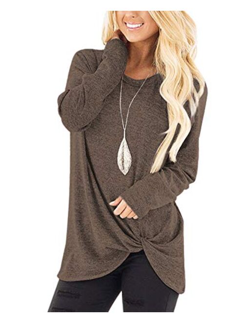 SHIBEVER Women's Soft Casual Tops Shirts Fashion Twist Knotted Blouses Short Sleeve Long Sleeve Round Neck Tunic T Shirt