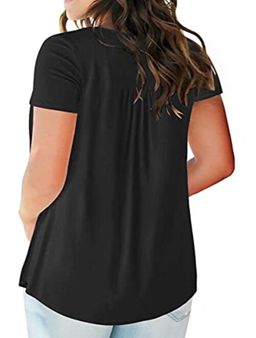 VISLILY Women's Plus Size Henley Shirt Short Sleeve Buttons Up Pleated Tunic Tops