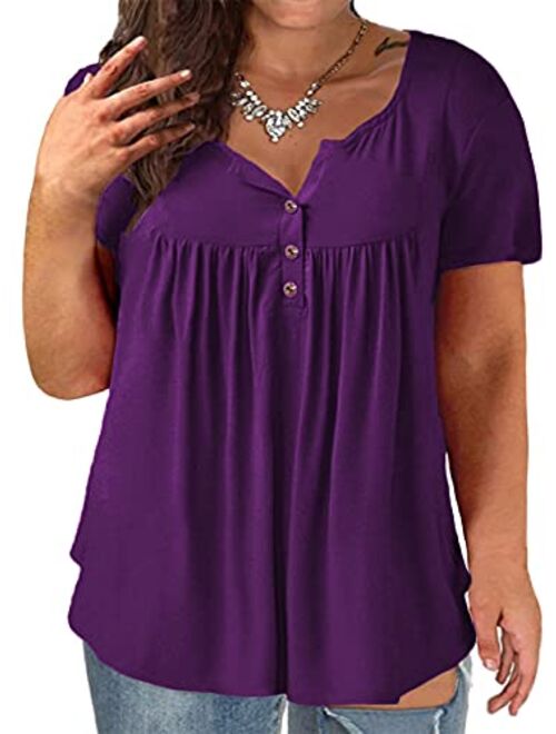 VISLILY Women's Plus Size Henley Shirt Short Sleeve Buttons Up Pleated Tunic Tops