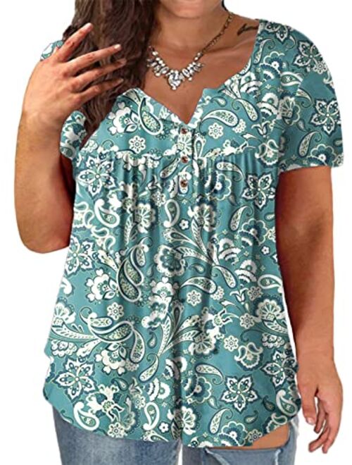 VISLILY Women's Plus Size Henley Shirt Short Sleeve Buttons Up Pleated Tunic Tops