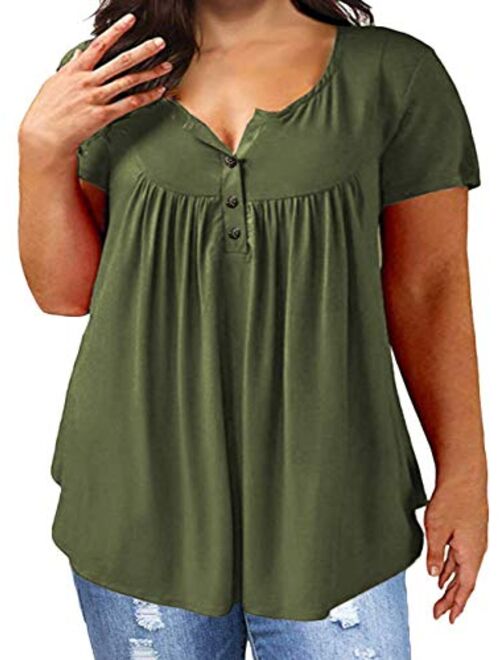 VISLILY Women's Plus Size Henley Shirt Short Sleeve Buttons Up Pleated Tunic Tops