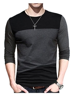 Yong Horse Men's Casual Stitching Tops Shirts Slim Fit Crew Neck Long Sleeve Athletic Basic Cotton T-Shirt