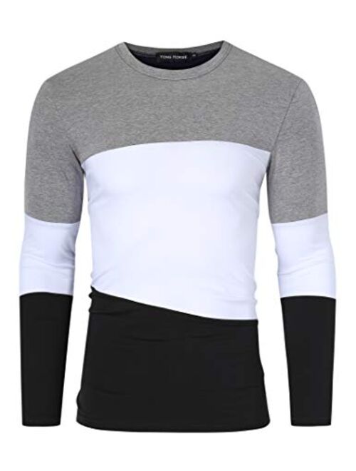 Yong Horse Men's Casual Stitching Tops Shirts Slim Fit Crew Neck Long Sleeve Athletic Basic Cotton T-Shirt